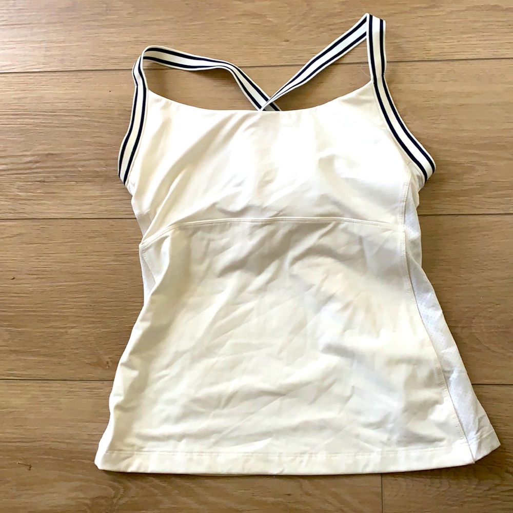 White with navy trip Tory Burch sport tennis tank top with shelf bra in medium